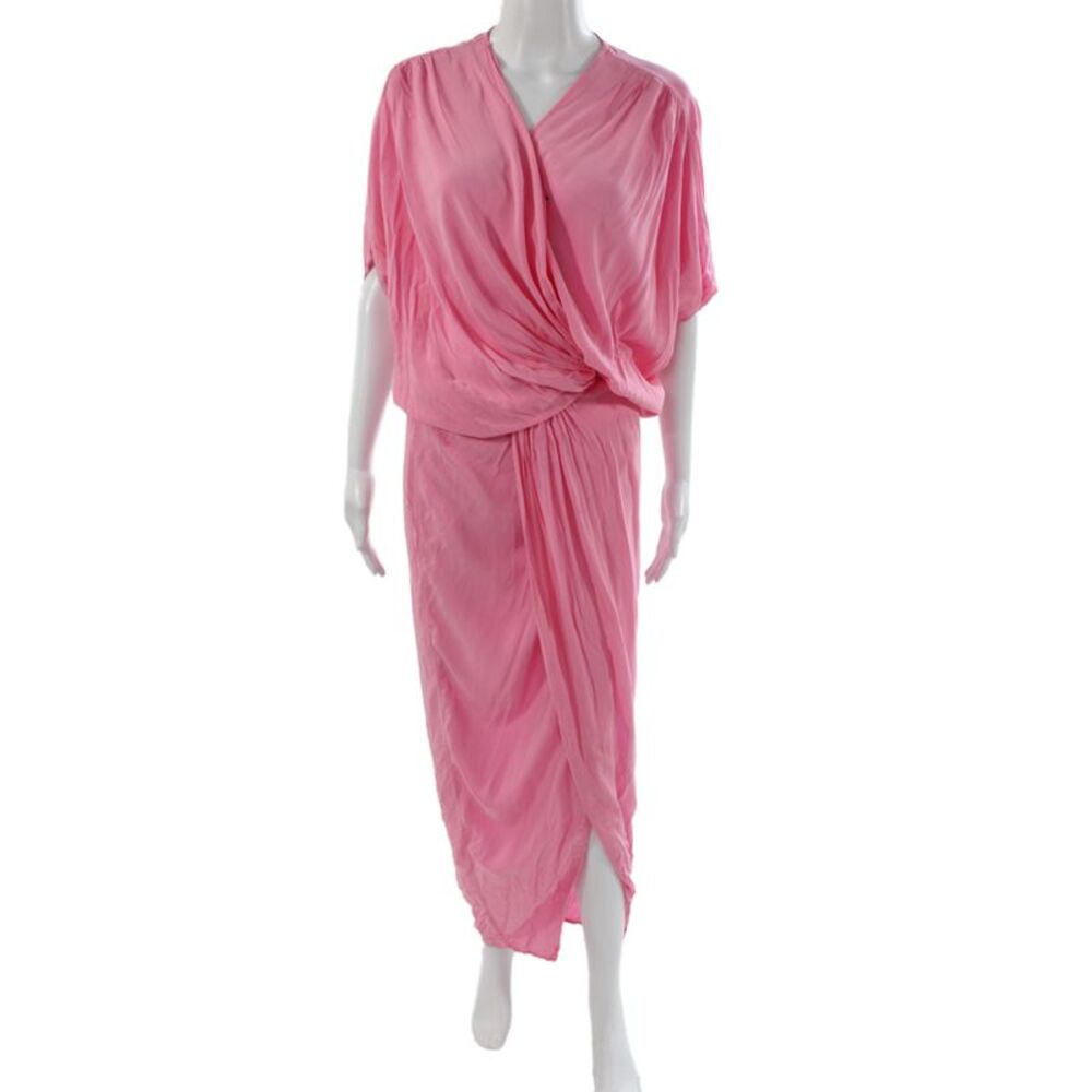 YFB Women Blouson Pink V-Neck Short Sleeve Midi Dress Rayon Size S